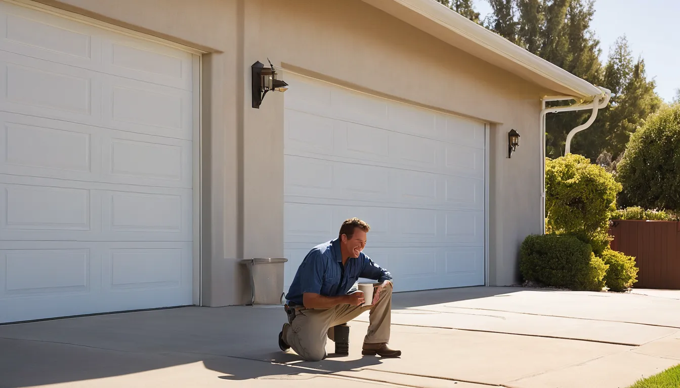 Friendly local provider checking a garage door track at a stucco home in Solana Beach